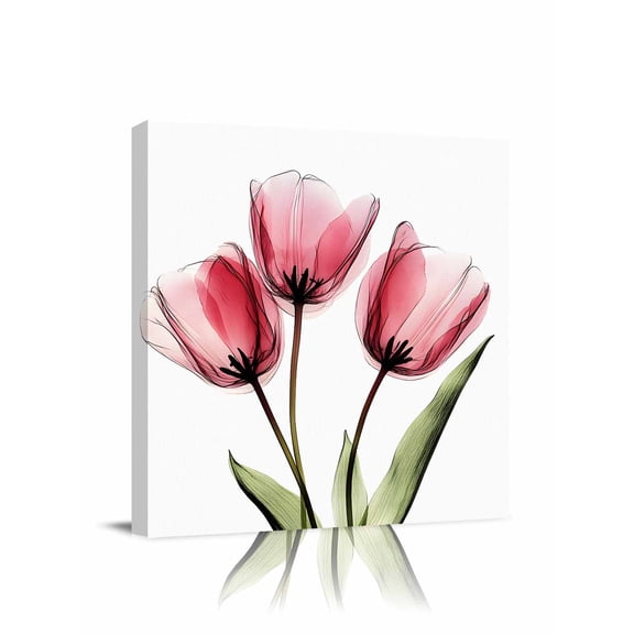 Pink Tulip Canvas Wall Art, X-ray Image Flower Abstract Transparent Floral Framed Wall Decor Modern Artwork Prints Painting for Living Room, Bedroom, Kitchen & Cafe Decor 16x16 Inch