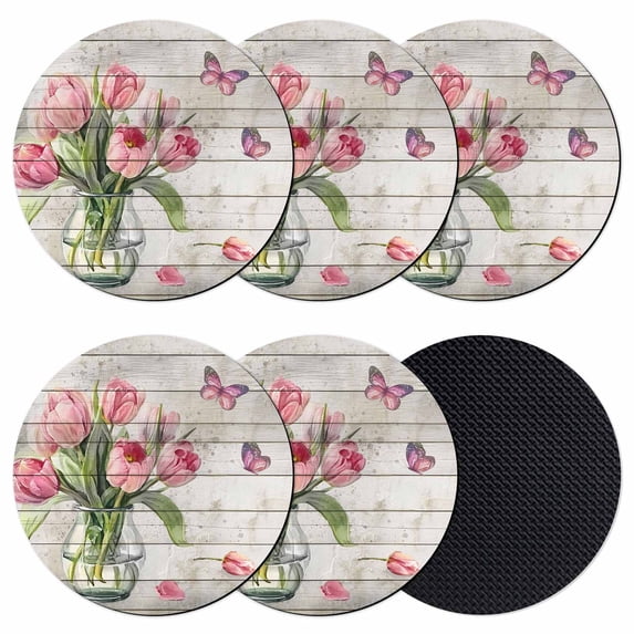 Pink Tulip Coasters Set of 6, Absorbent Coasters for Drinks, Vintage Spring Floral Retro Art Butterfly Wooden Coaster for Desk Coffee Table Protection, Home Decor House Warming Gifts 4"