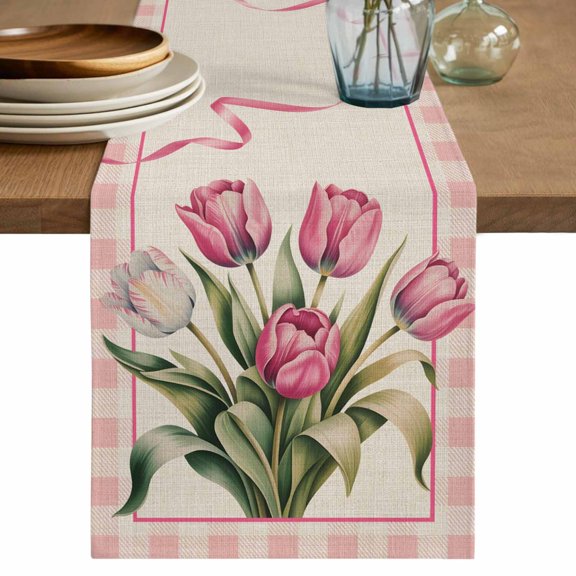 Pink Tulip Cotton Linen Table Runner for Dining Kitchen, Spring Floral Romantic Flowers Modern Art Rustic Wedding Outdoor Party Tablerunners, Dresser Scarf Coffee Tablecloth Runners 13x48 Inches