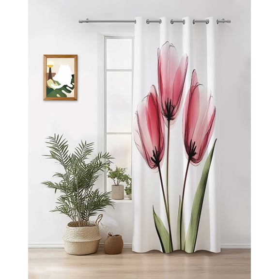 Pink Tulip Curtains 24 inches Long for Living Room Bedroom X-ray Image Flower Abstract Transparent Floral Sliding Door Sheer Curtains Light Filtering Curtain 1 Panel Grommet Window Drape