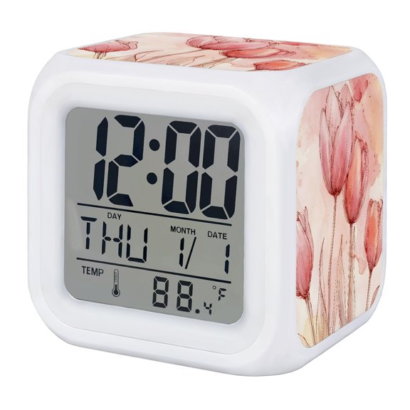 Pink Tulip Digital Alarm Clock for Bedrooms, Smart LED Alarm Clock with 7 Color Changing Night Light, Line Painting Watercolor Floral Rustic Silent Wake Up Clocks for Sleep Study Cooking 3.2"x3.2"