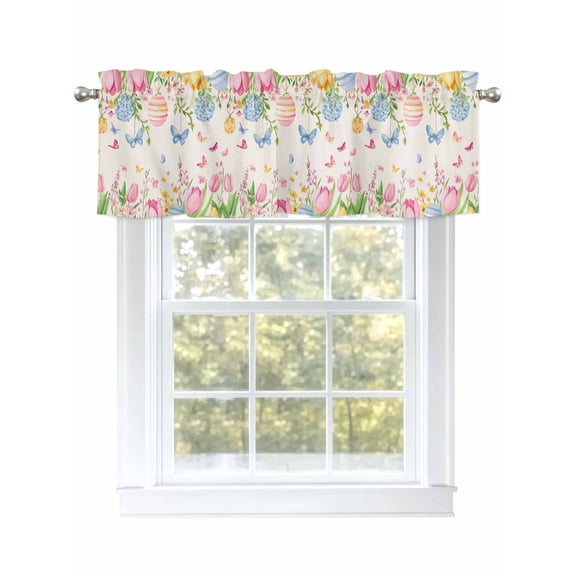Pink Tulip Easter Curtain Valances for Windows, Pastoral Spring Floral Eggs Butterfly Kitchen Valance Window Treatment, Light Filtering Block Curtains for Bathroom/Bedroom/Living Room 42'' x 12''