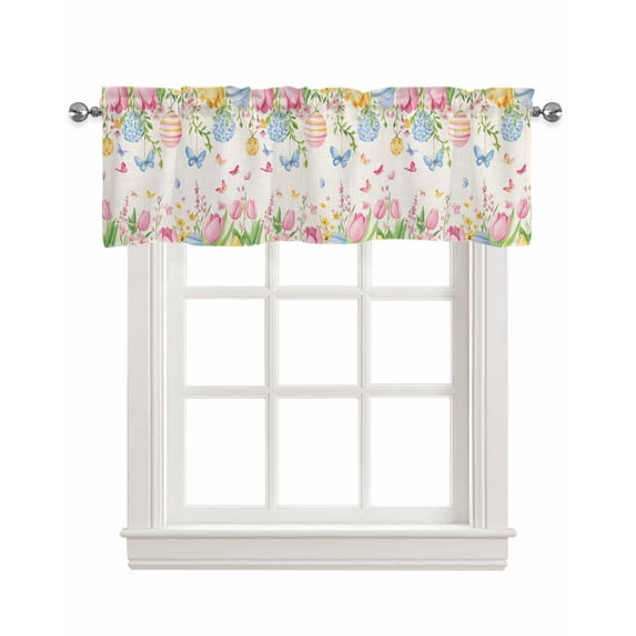 Pink Tulip Easter Kitchen Valances for Windows Farmhouse Linen Window Valance Curtain for Living Room Window Treatment Pastoral Spring Floral Eggs Butterfly Valance Rod Pocket Topper, 54 x 18 Inch