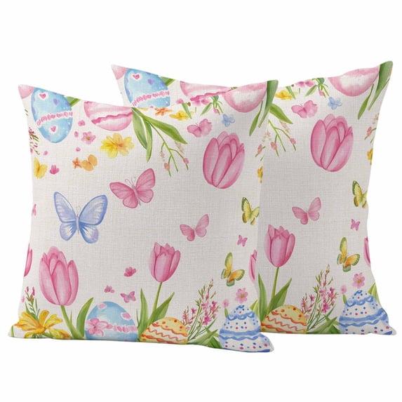 Pink Tulip Easter Outdoor Waterproof Pillow Covers, Pastoral Spring Floral Eggs Decorative Square Throw Pillowcase Sofa Cushion Sham for Patio/Couch/Chair, 18"x18" 2 Pack