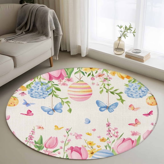 Pink Tulip Easter Round Rug 3ft Washable Circle Entryway Rugs Non Slip Pastoral Spring Floral Eggs Butterfly Area Rug Indoor Floor Carpet for Bedroom Kitchen Living Room Home Office Dining Room