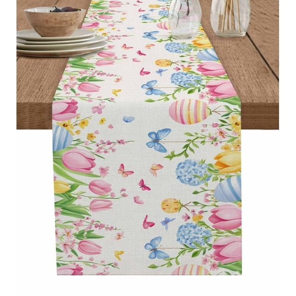 Pink Tulip Easter Table Runner 36 Inches, Pastoral Spring Floral Eggs Butterfly Bed Runner Dresser Scarves Tabletop for Indoor Outdoor Parties/Ceremony/Banquet, 13"x 36"