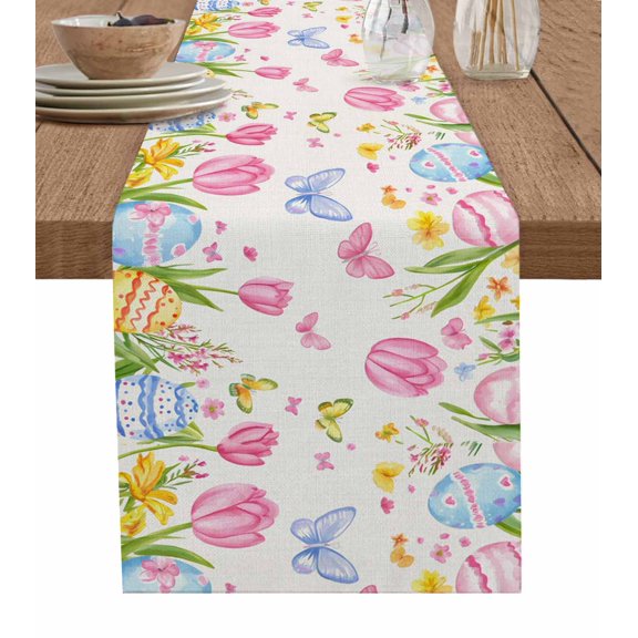 Pink Tulip Easter Table Runner 48 Inches, Pastoral Spring Floral Eggs Bed Runner Dresser Scarves Tabletop for Indoor Outdoor Parties/Ceremony/Banquet, 13" x 48"