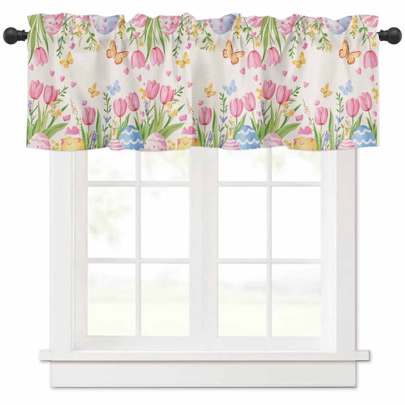 Pink Tulip Easter Valances for Windows Farmhouse Kitchen Curtains Valances Rod Pocket Valance Curtains for Kitchen Windows Pastoral Spring Floral Watercolor Window Valances for Bathroom 42"x18"