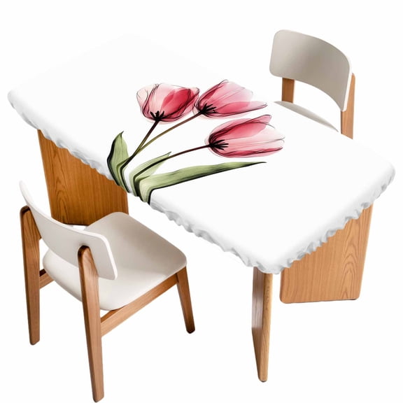 Pink Tulip Fitted Rectangle Tablecloth 24" x 36" X-ray Image Flower Abstract Transparent Floral Elastic Table Cloth Fits for 3 Foot Folding Tables Waterproof Table Cover for Picnic Camping Outdoor