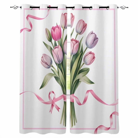Pink Tulip Floral Blackout Curtains for Bedroom - 84 Inch Long Light Blocking 2 Panels Set, Spring Flowers Romantic Modern Art Thermal Insulated Living Room Drapes Grommet Window Curtains 52"x84"