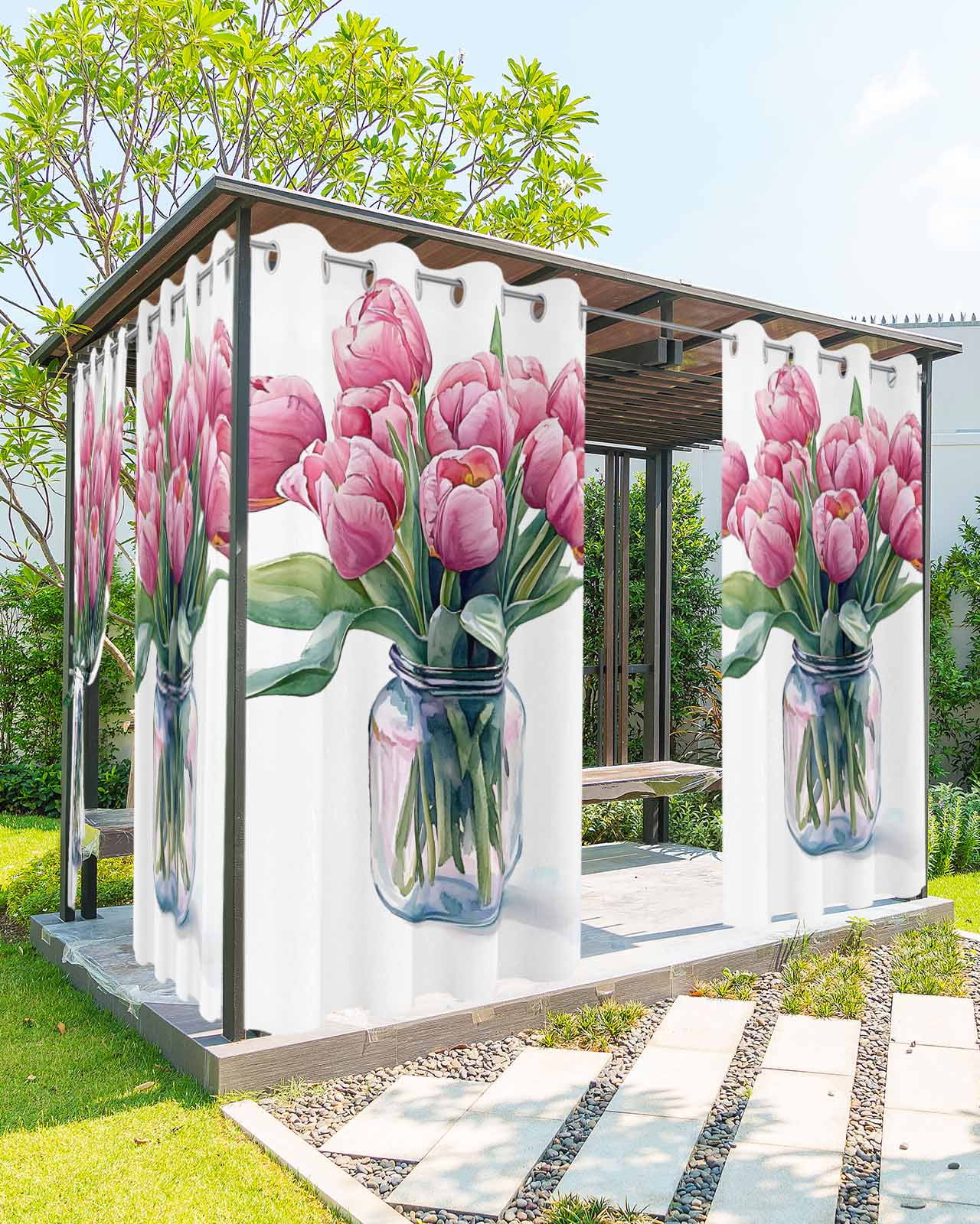 Pink Tulip Floral Outdoor Curtains for Patio, Spring Retro Flower ...
