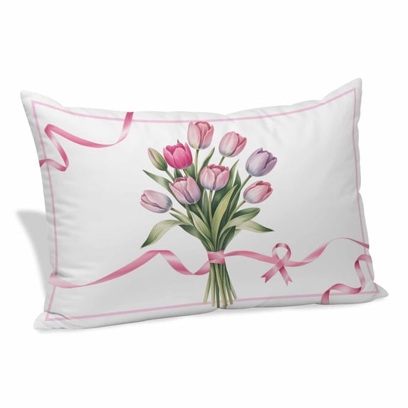 Pink Tulip Floral Pillow Covers, Linen Long Throw Pillow Case, Spring Flowers Romantic Modern Art Holiday Pillow Protector Decorative Cushion Cover for Living Room/Bedroom 20" x 26"