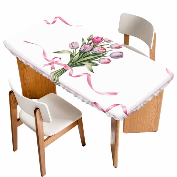 Pink Tulip Floral Table Cloths for 6 Foot Rectangle Tables, Spring Flowers Romantic Modern Art Patio Waterproof Elastic Fitted Tablecloths, Washable Rectangular Table Cover for Camping