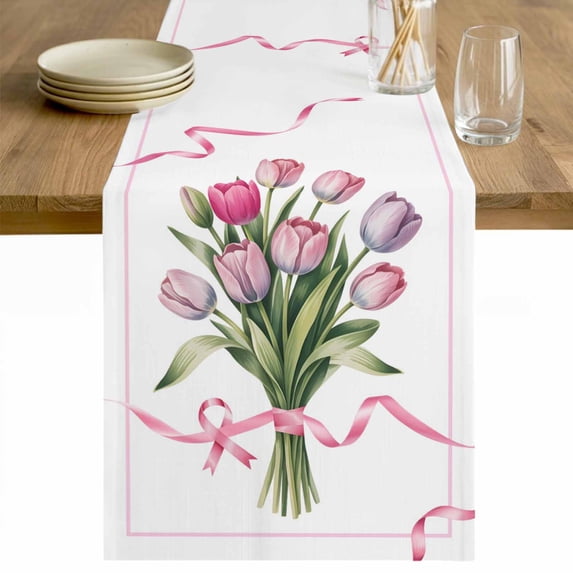 Pink Tulip Floral Table Runner - 120 Inch Long Spring Flowers Romantic Modern Art Cotton and Linen Blended Dress Scarves Farmhouse Table Runner for Kitchen Dining, Coffee Table, 13" x 120"