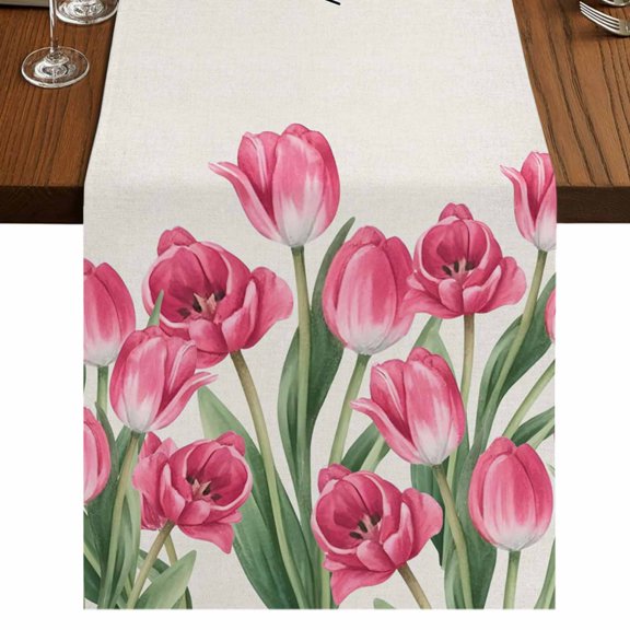 Pink Tulip Flower 70 Inch Table Runner, Spring Floral Leaves Plants Retro Beige Farmhouse Dresser Scarf Cotton & Linen Tablerunner for Dining/Kitchen Island/Holiday Party Décor 13" x 70"