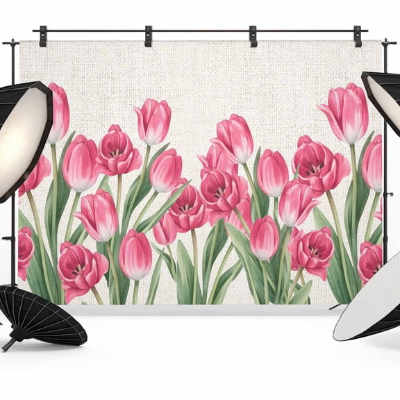 Pink Tulip Flower Backdrop for Photoshoot,Photography Photo Studio Background Wall Backdrop,Spring Floral Leaves Plants Retro Beige Back Drop Banner Panel for Portraits Wedding Live Streaming 7x5Ft