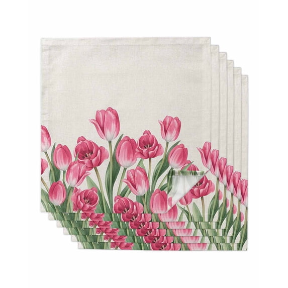 Pink Tulip Flower Cloth Napkins Set of 6 Reusable Dinner Napkins, Spring Floral Leaves Plants Retro Beige Cocktail Napkin Washable Table Napkins for Wedding/Holiday Party/Baby Shower 20"x20"