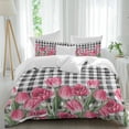 thumbnail image 1 of Pink Tulip Flower Full Size Comforter Set, Spring Floral Black White Plaid Green Leaf Bedding for All Seasons, 4 Pcs Bed Set, 1Quiltcover (86"x86") ,1Sheet(80"x116"), 2Pillowcases (30"x20"), 1 of 9
