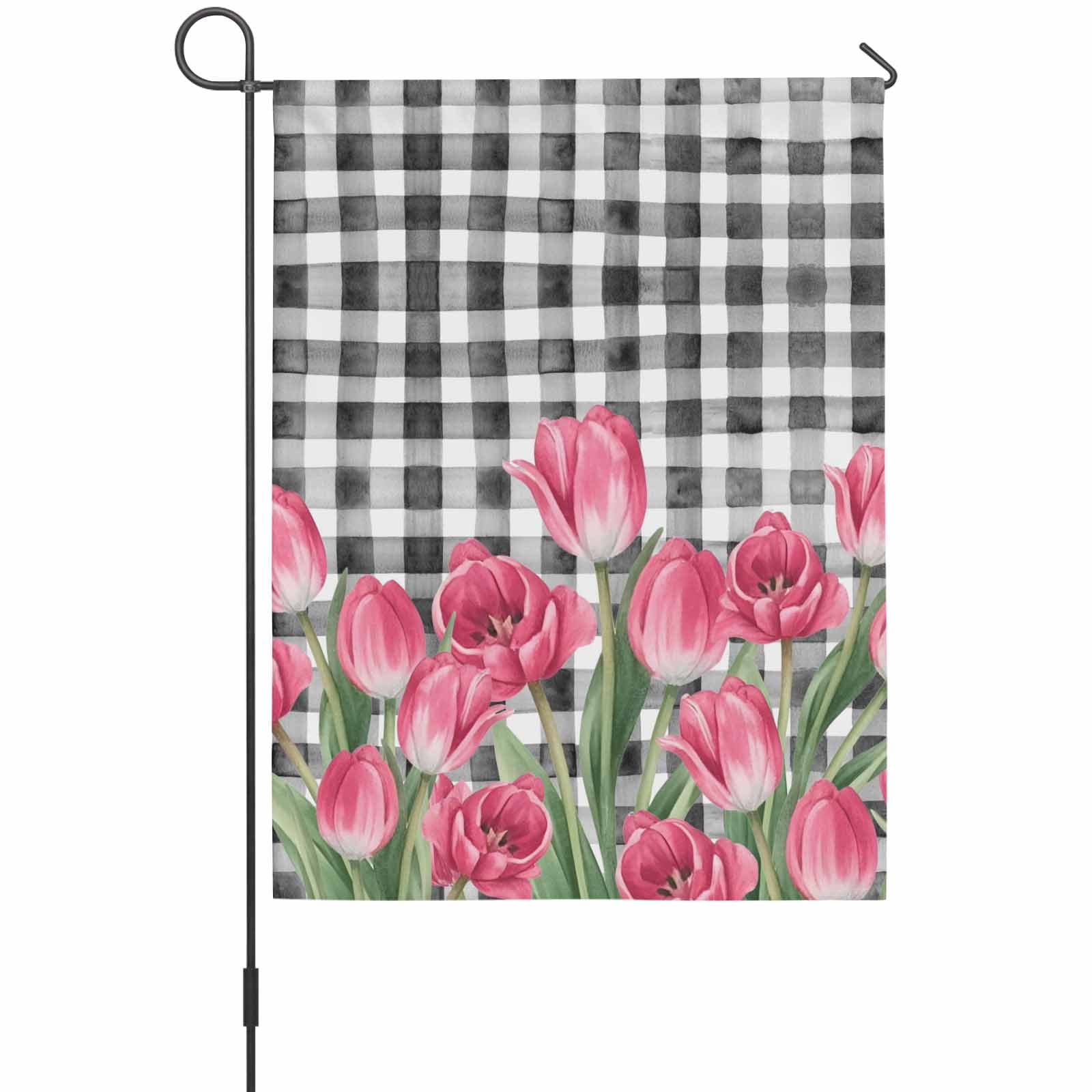 Pink Tulip Flower House Flags For Outdoor, Spring Floral Black White Plaid Green Leaf Small Double Side Yard Flags Weather Proof House Decor for Lawn Outside Holiday 28 x 40 Inches
