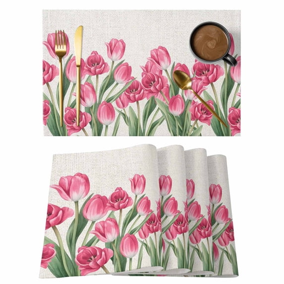 Pink Tulip Flower Placemats Set of 6 Spring Floral Leaves Plants Retro Beige Place Mats Indoor Wipeable Table Mats Washable Dining Table Placemats for Kitchen Holiday Party Home Decor 13x19 Inch