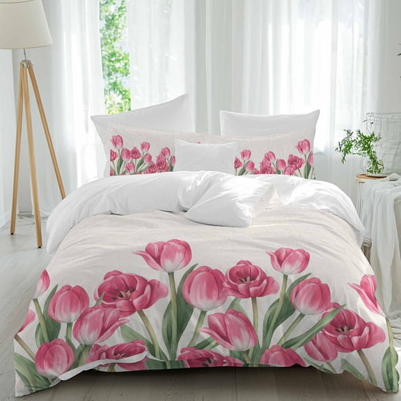 Pink Tulip Flower Queen Size Comforter Set, Spring Leaf Floral Plant Beige Linen Bedding for All Seasons, 4 Pcs Bed Set, 1Quiltcover (90"x92") ,1Sheet(94"x116"), 2Pillowcases (30"x20")