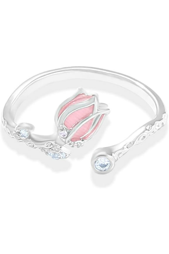 Pink Tulip Flower Ring for Women Cat Eye Stone Floral Wrap Finger Band Open Statement Ring Dainty Stacking Eternity Rings Bands Adjustable Jewelry