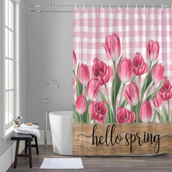 Pink Tulip Flower Shower Curtain for Bathroom Decor, Hello Spring Floral Buffalo Plaid Wood Waterproof Fabric Shower Curtain, 54"x78" Set with 12 Hooks