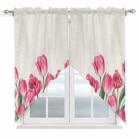 Pink Tulip Flower Swag Valances for Windows 2 Pack, Kitchen Window Curtains 36 Inch Length, Spring Floral Leaves Plants Retro Beige Privacy Swag Curtains for Living Room/Bathroom 36"x36"