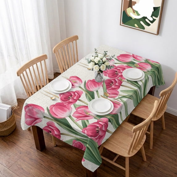 Pink Tulip Flower Table Cloth Waterproof Tablecloths, Spring Floral Leaves Plants Retro Beige Tablecloth Dining Table Cover for Kitchen Party Tabletop Outdoor, Rectangle Tablecloth 60x84 Inch