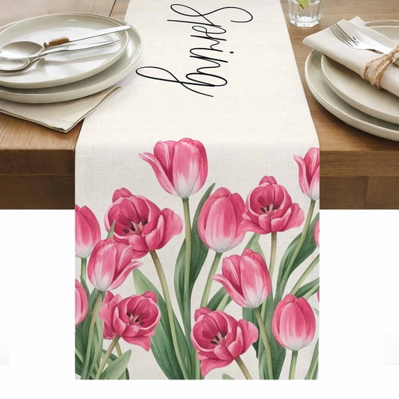 Pink Tulip Flower Table Runner - 60 Inch Long, Kitchen Dining Table Runner Dresser Scarves, Spring Floral Leaves Plants Retro Beige Farmhouse Decor for Coffee Tables Wedding Party Banquet
