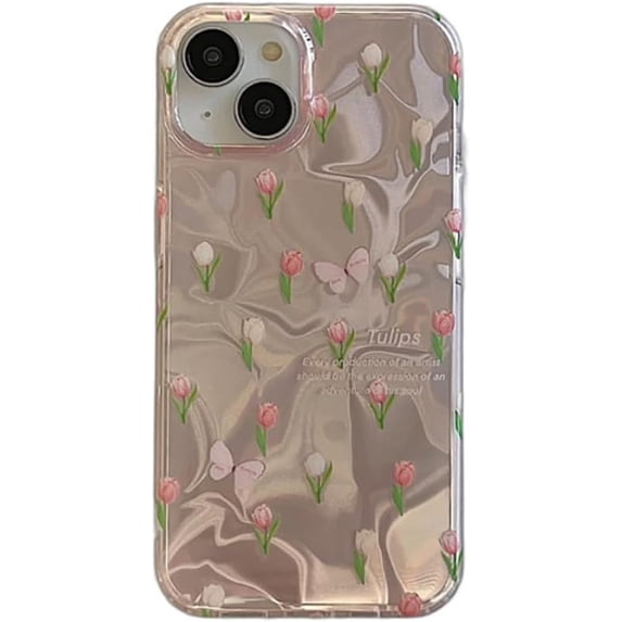 Pink Tulip Flowers Butterfly Water Ripple Phone Case Compatible with iPhone Case (Pink,iPhone 14)