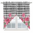 thumbnail image 1 of Pink Tulip Flowers Swag Valances for Windows, Kitchen Curtains 36 Inch Length 2 Panels Set, Black Buffalo Plaid Spring Floral Plants Short Curtains for Small Windows Rod Pocket Cafe Curtains 28"x36", 1 of 8
