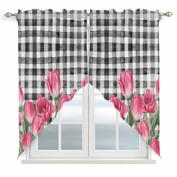 Pink Tulip Flowers Swag Valances for Windows, Kitchen Curtains 36 Inch Length 2 Panels Set, Black Buffalo Plaid Spring Floral Plants Short Curtains for Small Windows Rod Pocket Cafe Curtains 28"x36"