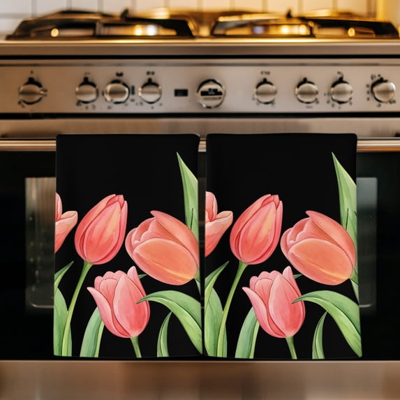 Pink Tulip Kitchen Towels Set of 1, Spring Floral Summer Botanical Black Absorbent Dish Towels for Kitchen, Microfiber Hand Towel, Quick Drying Tea Towel for Cleaning Decorative Dishcloths