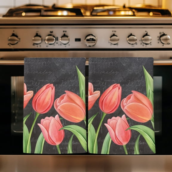 Pink Tulip Kitchen Towels Set of 2, Spring Floral Summer Botanical Vintage Gray Absorbent Dish Towels for Kitchen, Microfiber Hand Towel, Quick Drying Tea Towel for Cleaning Decorative Dishcloths