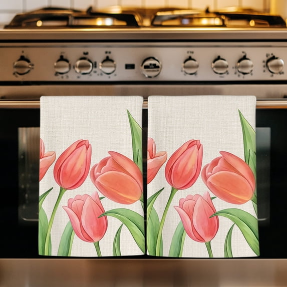 Pink Tulip Kitchen Towels Set of 3, Spring Floral Summer Botanical Linen Vintage Absorbent Dish Towels for Kitchen, Microfiber Hand Towel, Quick Drying Tea Towel for Cleaning Decorative Dishcloths