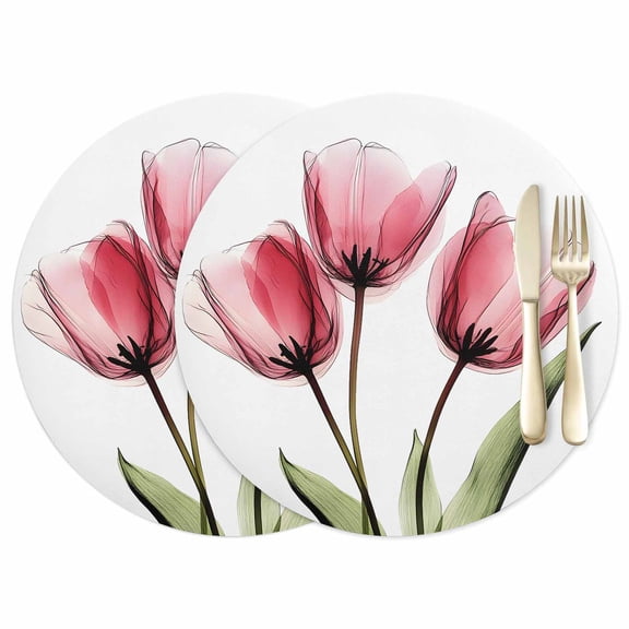Pink Tulip Leather Placemats Set of 2, 12 Inch, X-ray Image Flower Abstract Transparent Floral Waterproof Oil-Proof Place Mats, Non-Slip Table Mats for Kitchen, Dining Room, Indoor Outdoor