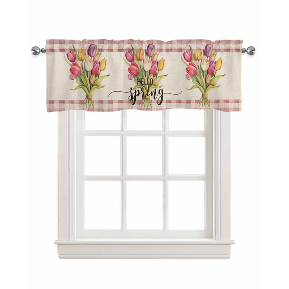 Pink Tulip Linen Curtain Valance for Bedroom/Bathroom/Kitchen/Office/Living/Dining Room Window,Vintage Spring Flower Buffalo Plaid Rod Pocket Topper Decorative Cafe Drapes Panel 60"x18"
