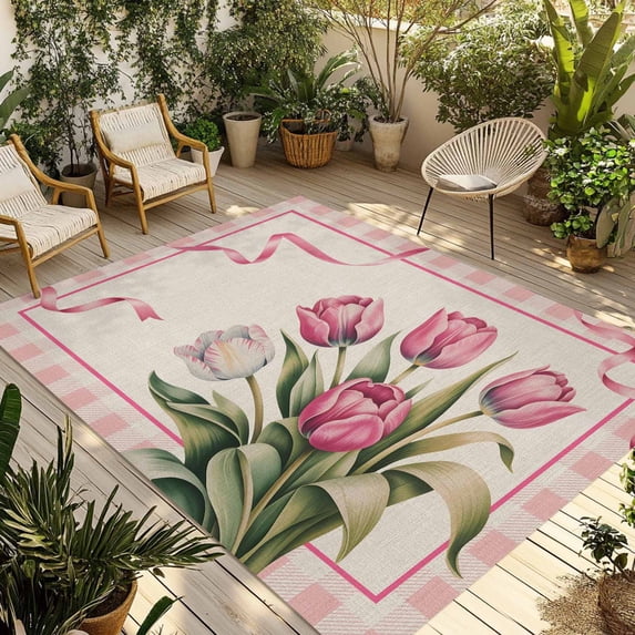 Pink Tulip Outdoor Rug for Patio/Deck/Porch, Non-Slip Large Area Rug 3 x 5 Ft, Spring Floral Romantic Flowers Modern Art Rustic Indoor Outdoor Rugs Washable Area Rugs, Camping Rug Carpet Runner