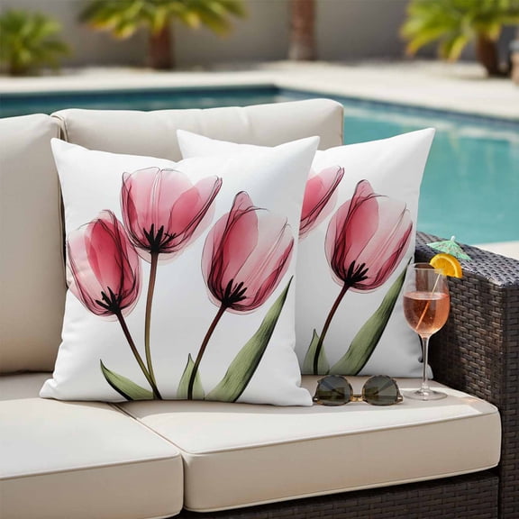 Pink Tulip Outdoor Throw Pillow Covers Set of 2, X-ray Image Flower Abstract Transparent Floral Waterproof Pillow Covers Protectors with Hidden Zipper for Garden Couch Bench 16x16in