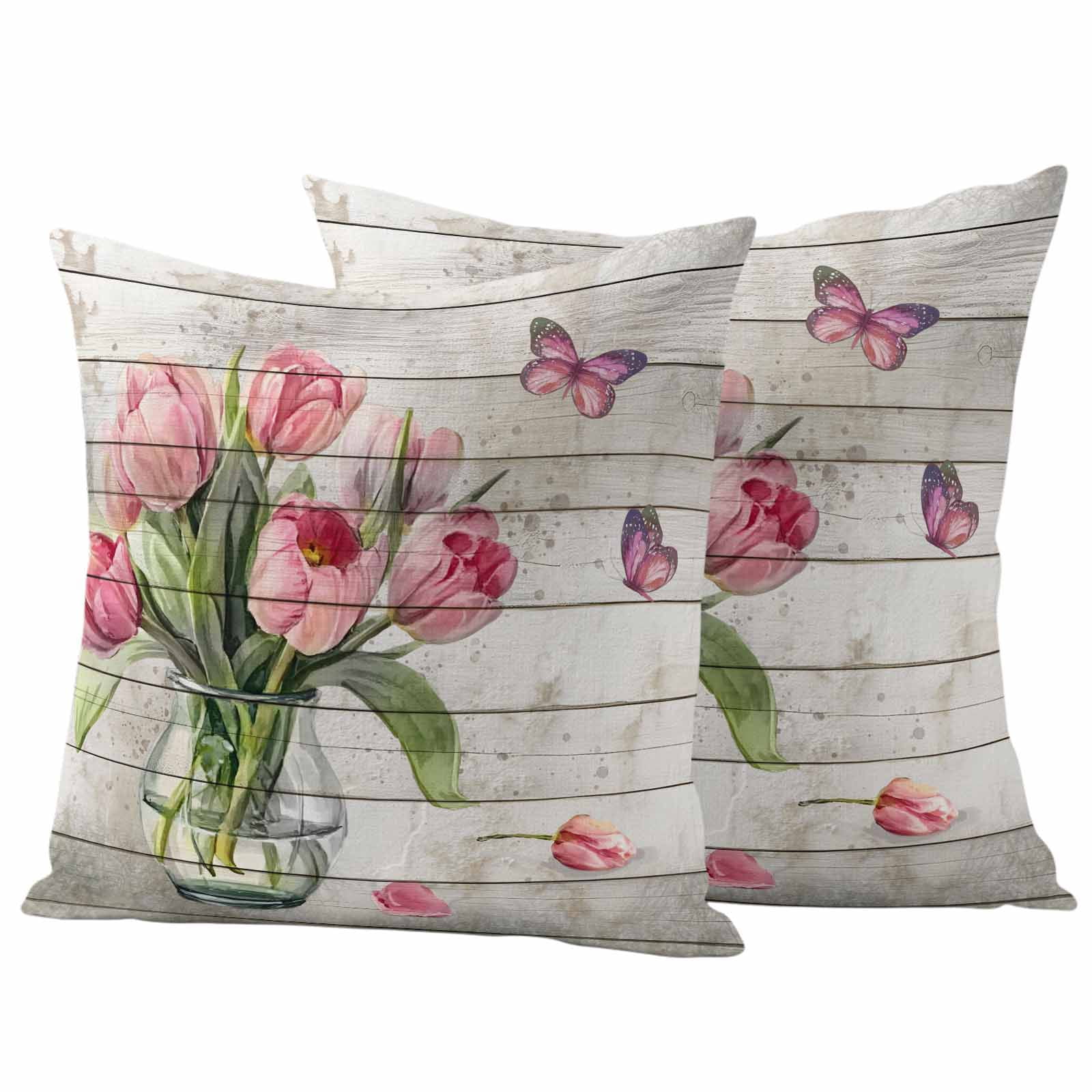 Pink Tulip Outdoor Waterproof Pillow Covers, Vintage Spring Floral Retro Art Butterfly Wooden Decorative Square Throw Pillowcase Sofa Cushion Sham for Patio/Couch/Chair, 24"x24" 2 Pack