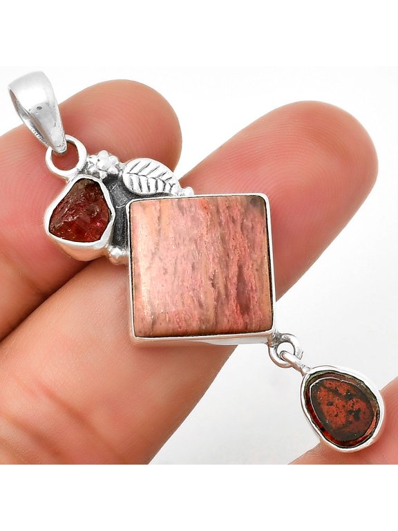 Pink Tulip Quartz, Garnet & Tourmaline Rough 925 Silver Pendant Jewelry P-1414 SDP131465