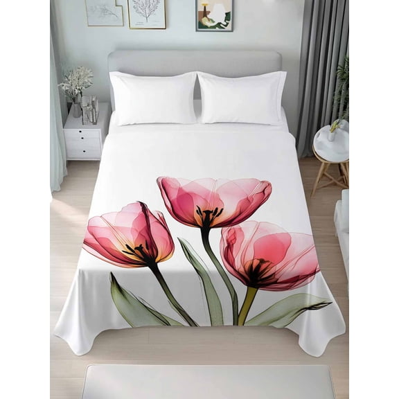 Pink Tulip Queen Size Flat Sheet, Wrinkleproof & Fadeproof Cooling Flat Bed Sheet Only, Modern Blossom Pastel White Floral Petal Breathable Soft Bedding Top Sheets 90 x 102 Inches