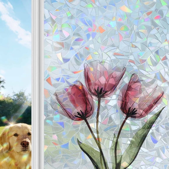 Pink Tulip Rainbow Window Privacy Film, X-ray Image Flower Abstract Transparent Floral Stained Glass Window Film, Sun Blocking Glass Clings Static Cling Non Adhesive Door Stickers 23.6 x 59 Inches