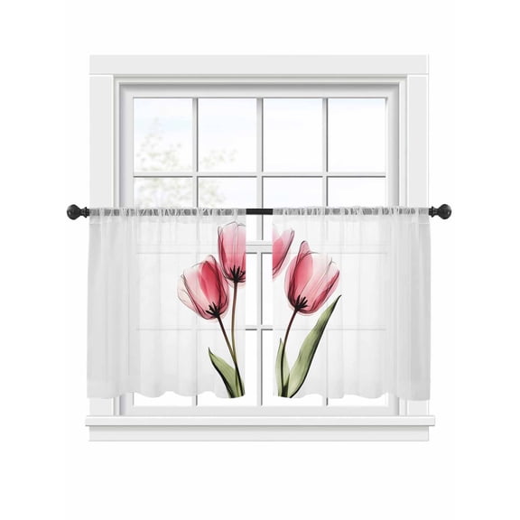 Pink Tulip Sheer Curtains 2 Panels Set X-ray Image Flower Abstract Transparent Floral Sheer Window Curtains Light Filtering Rod Pocket Voile Drapes for Bedroom Living Room 52"x45"