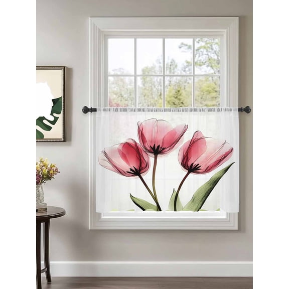 Pink Tulip Sheer Curtains 45 Inch Long 1 Panel X-ray Image Flower Abstract Transparent Floral Rod Pocket Voile Cafe Curtains Light Filtering Small Window Treatments for Kitchen Basement 52" x 45"
