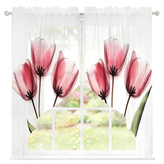 Pink Tulip Sheer Curtains Swag Valances for Windows X-ray Image Flower Abstract Transparent Floral Rod Pocket Swag Curtain Small Window Curtain for Kitchen Living Room Bedroom, 1 Pair 28"W x 36"L