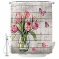 thumbnail image 1 of Pink Tulip Shower Curtain Set - Long 72" x 84" Washable Bathtub Curtain with 12 Hooks, Vintage Spring Floral Retro Art Butterfly Wooden Waterproof Fabric Shower Curtains for Bathroom/Bathtub Décor, 1 of 6
