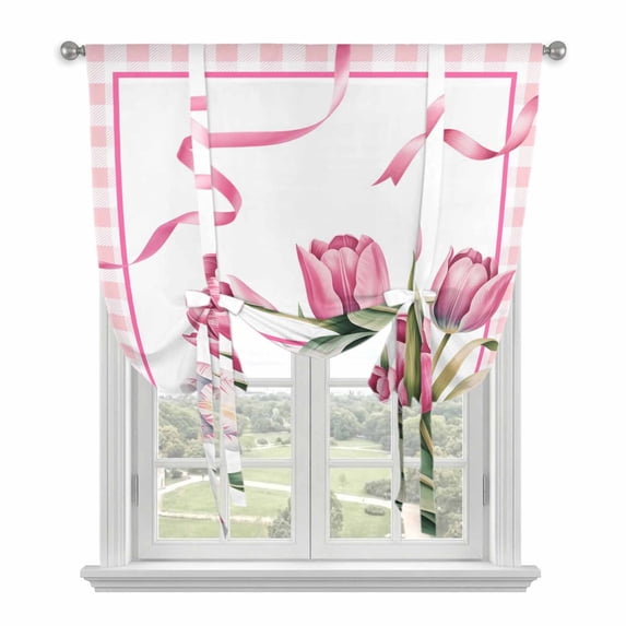 Pink Tulip Spring Floral Balloon Curtains for Bedroom/Front Door/Bathroom, Romantic Flowers Modern Art Plaid Tie Up Curtains 63 Inch Length Light Filtering Kitchen Curtains Shades for Windows 46"x63"