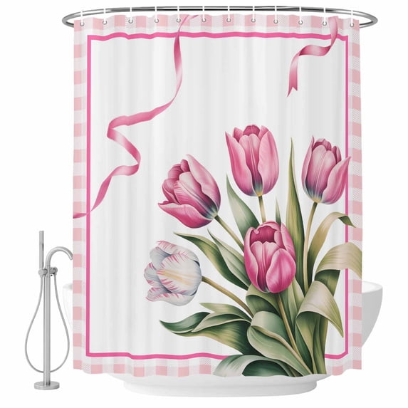 Pink Tulip Spring Floral Shower Curtain Set - Extra Long 72" x 96" Washable Bathtub Curtain with 12 Hooks, Romantic Flowers Modern Art Plaid Waterproof Fabric Shower Curtains for Bathroom/Bathtub